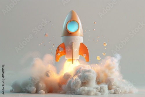 A whimsical rocket ship blasts off, leaving a trail of fluffy, light-colored smoke.  Perfect for representing new beginnings or innovative ideas. photo