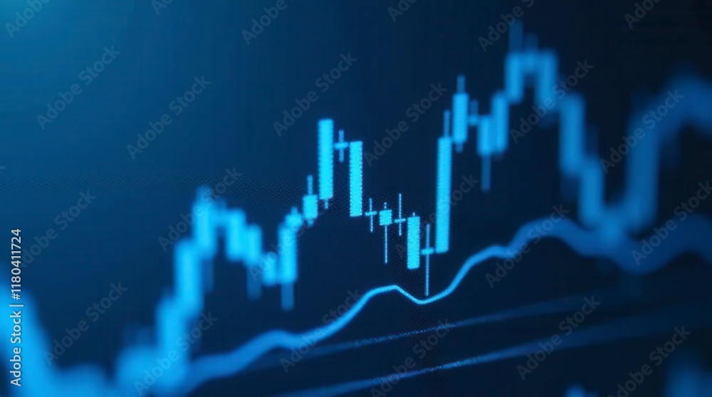Macro Close-Up Of A Stock Market Investment Trading Chart Displayed In Blue, Analyzing Data With Candlestick Graphs Macro Close-Up Of A Stock Market Investment Trading Chart Displayed In Blue, Analyzing Data With Candlestick Graphs