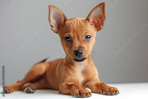 pet photography, high-resolution studio shot of a red-tan miniature pinscher pup on a clean white surface, showcasing clear details without watermarks