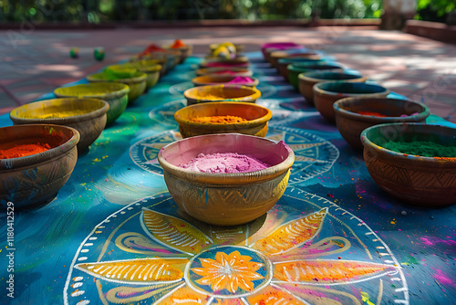 holi festival joy, colorful rangoli at the entrance, bowls of gulal for all, and voices joining in harmony to celebrate holi festivities photo