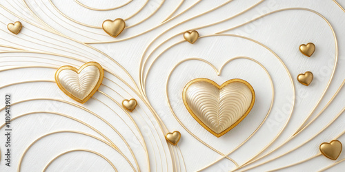 Elegant background with golden hearts on a pearly white background, AI generated
