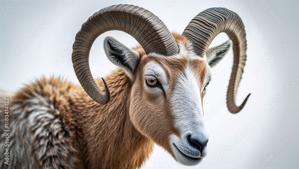 Close-up portrait of a majestic ram with large, curved horns against a light background. Close-up portrait of a majestic ram with large, curved horns against a light background.