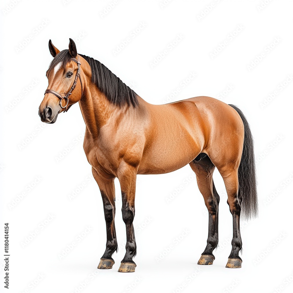 Obraz premium A majestic bay Missouri Fox Trotter horse stands elegantly against a white background, showcasing its strong physique and glossy coat.