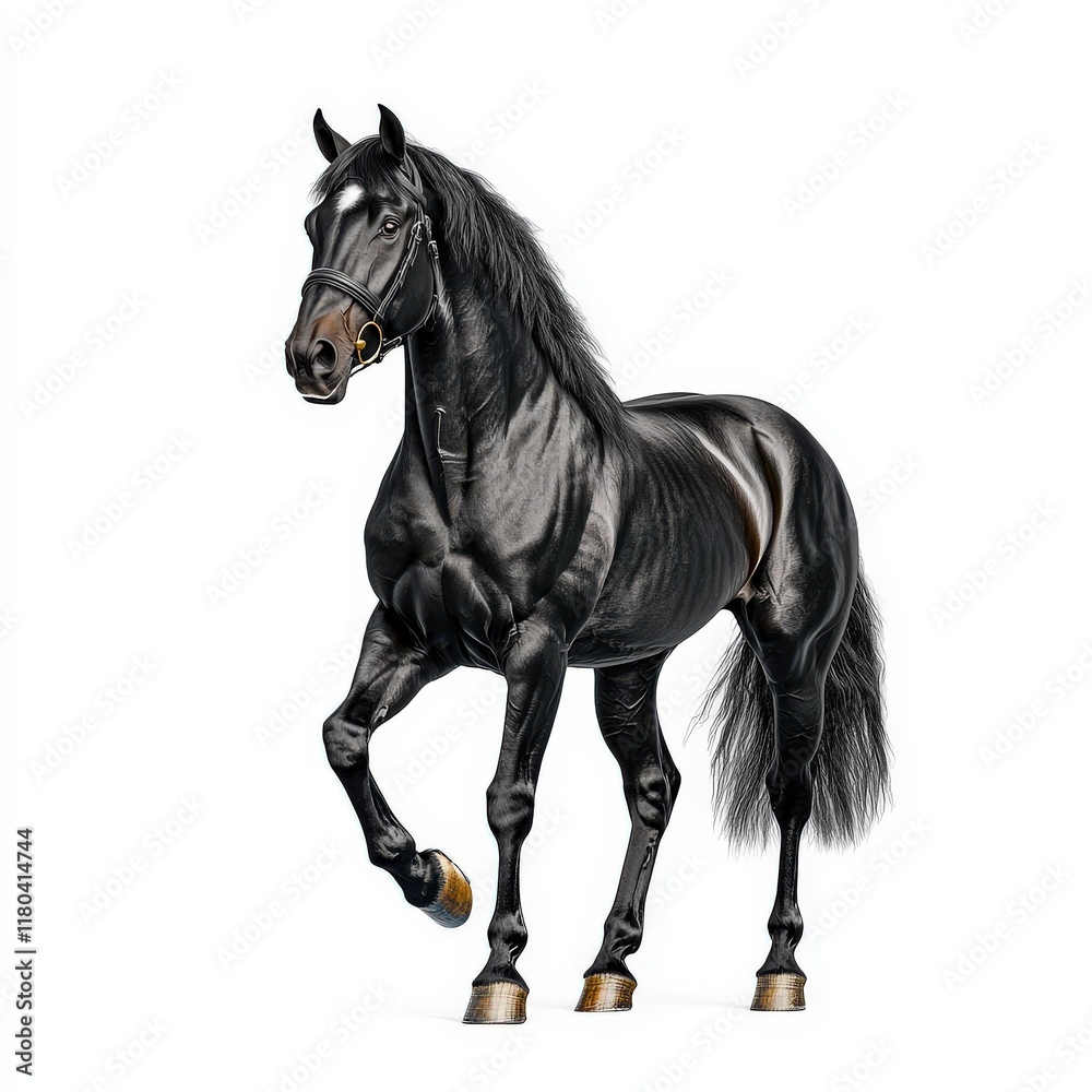 A majestic black Andalusian horse standing elegantly, showcasing its strength and grace in a minimalist style.