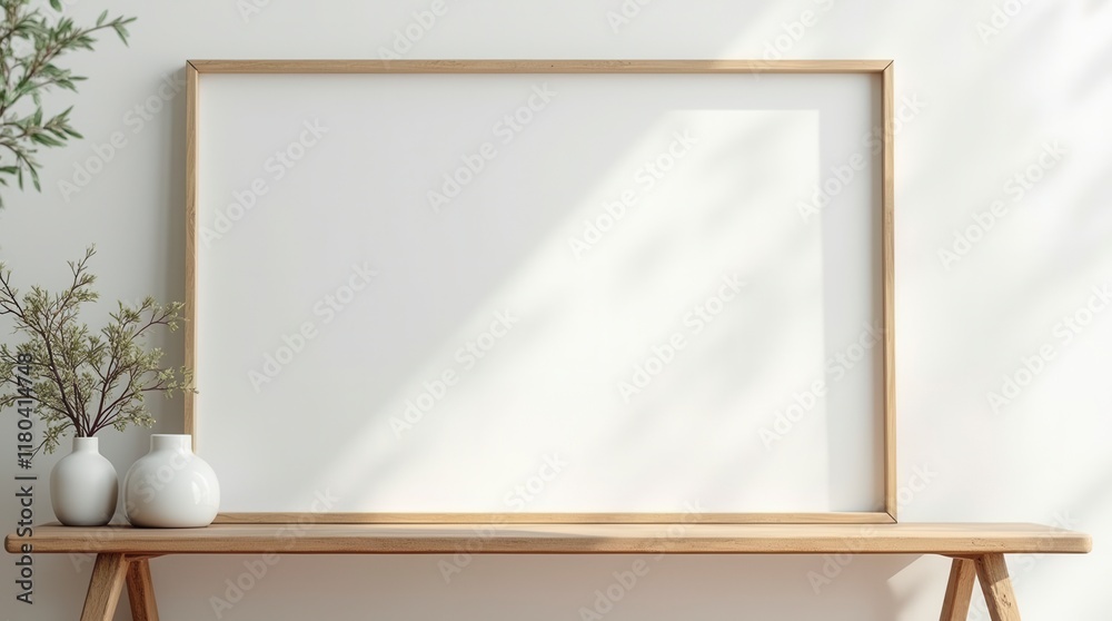 Mock Up Frame In Home Interior Background, White Room With Natural Wooden Table And Decor Mock Up Frame In Home Interior Background, White Room With Natural Wooden Table And Decor