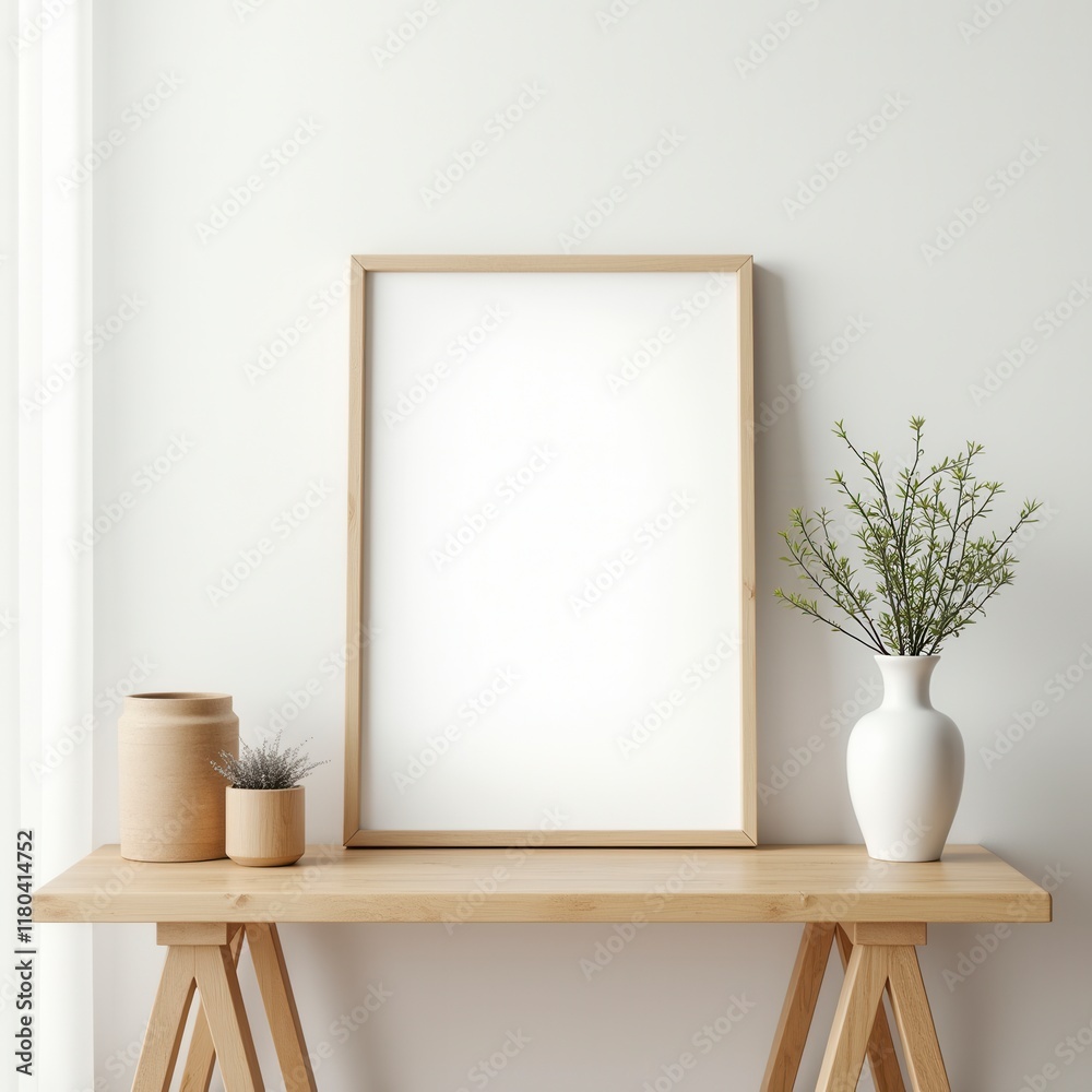 Mock Up Frame In Home Interior Background, White Room With Natural Wooden Table And Decor Mock Up Frame In Home Interior Background, White Room With Natural Wooden Table And Decor