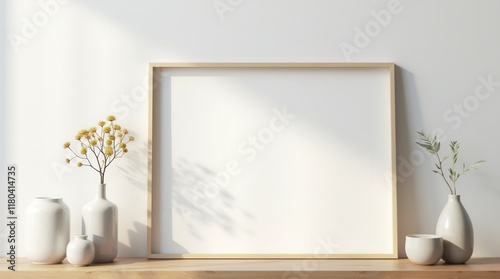 Mock Up Frame In Home Interior Background, White Room With Natural Wooden Table And Decor
