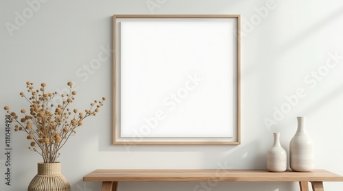 Mock Up Frame In Home Interior Background, White Room With Natural Wooden Table And Decor