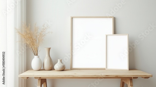 Mock Up Frame In Home Interior Background, White Room With Natural Wooden Table And Decor