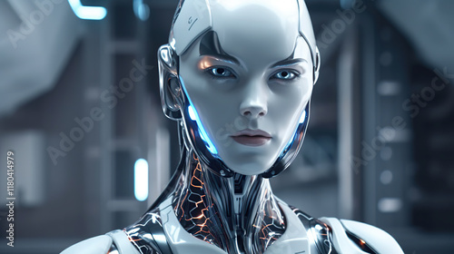 Futuristic humanoid robot with intricate detailing and glowing features
