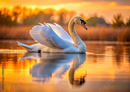 Serene Swan at Sunset: Calm Water Reflection photo