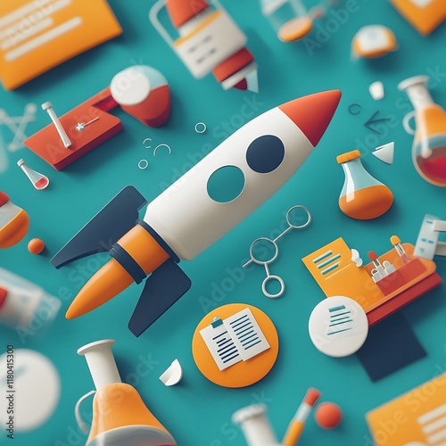 Vibrant Science Fair with Floating Educational Icons and Presentations