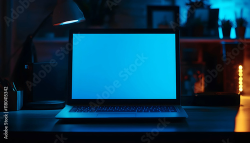 A gaming laptop with a blank screen sits on a desk in a dark room. The laptop is open, and its blue screen reflects on the desk