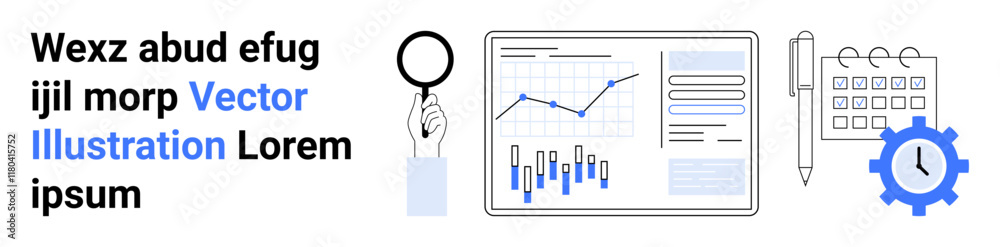 Magnifying glass, computer screen with charts, graphs, pen, calendar, and gear icon. Ideal for business analytics, data visualization, productivity tools, scheduling, time management, office work Magnifying glass, computer screen with charts, graphs, pen, calendar, and gear icon. Ideal for business analytics, data visualization, productivity tools, scheduling, time management, office work