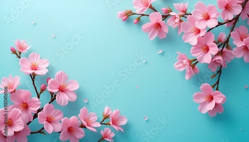Delicate cherry blossom branches framing a serene aqua background with soft pink blooms copy space