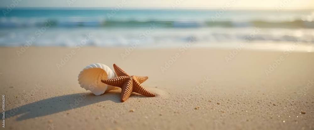 Beautiful seashells and starfish on sandy beach with ocean waves in the background Beautiful seashells and starfish on sandy beach with ocean waves in the background