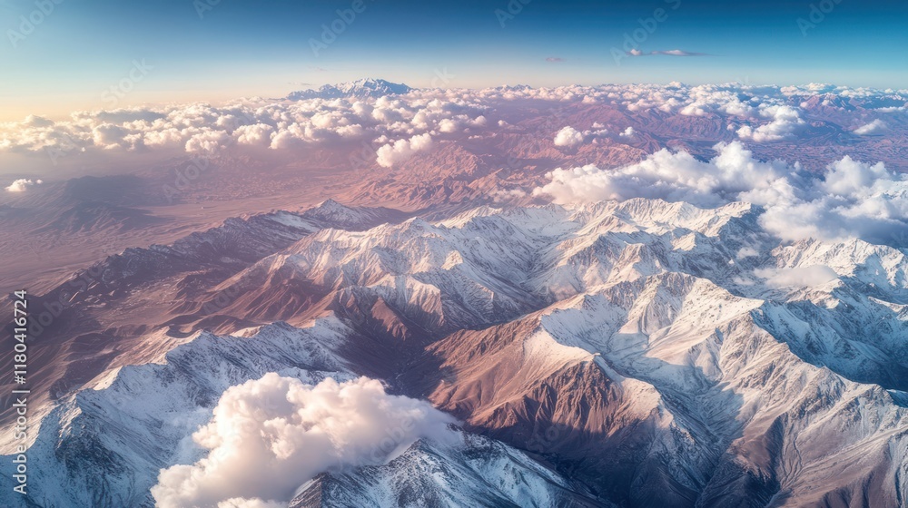 Obraz premium Aerial sunset view of snow-capped mountains, clouds, and desert landscape; travel brochure