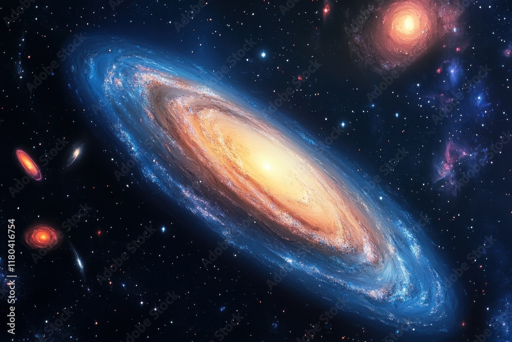 Naklejka premium A mesmerizing spiral galaxy in deep space, glowing with vibrant blues and oranges.