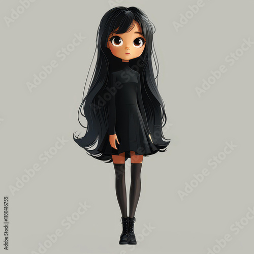 A cartoon character with toylike proportions stands tall in a black dress and thighhigh boots, ready for fun. photo