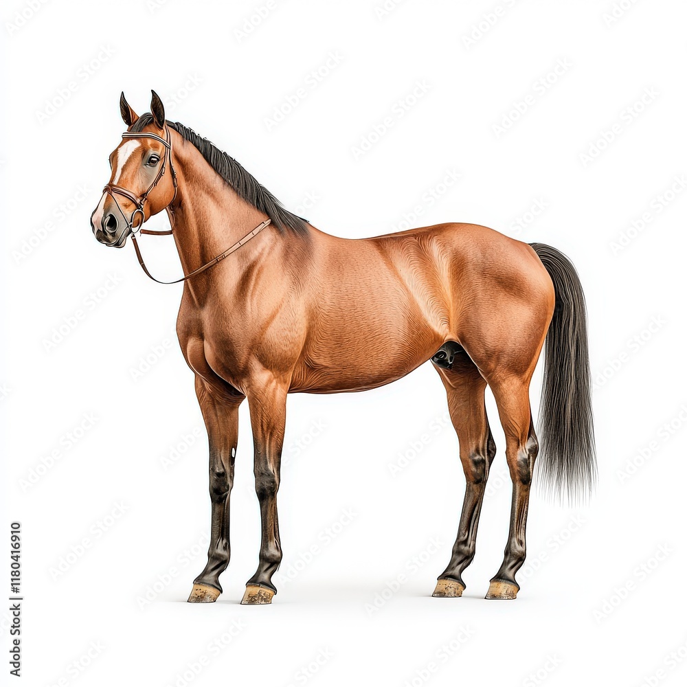 Obraz premium A majestic brown Thoroughbred horse standing with confidence, showcasing its strong physique and beauty in bright lighting.