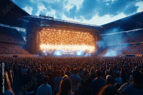 A massive crowd fills a stadium at sunset, enjoying a live concert illuminated by a dazzling light display and pyrotechnics.  . photo