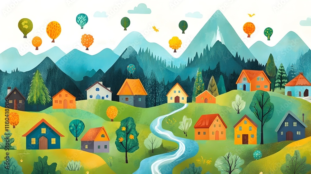 Colorful Mountain Village with Floating House and Nature Icons Colorful Mountain Village with Floating House and Nature Icons