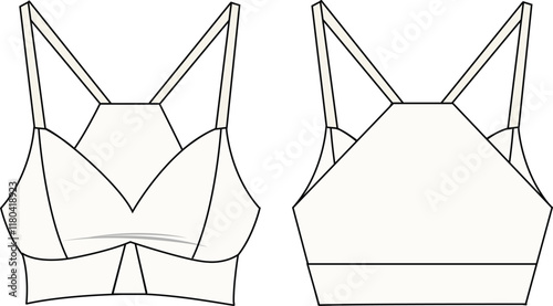 Women's Seamless Active Triangle  Bralette. Technical fashion illustration. Front and back. Women's CAD mock-up.