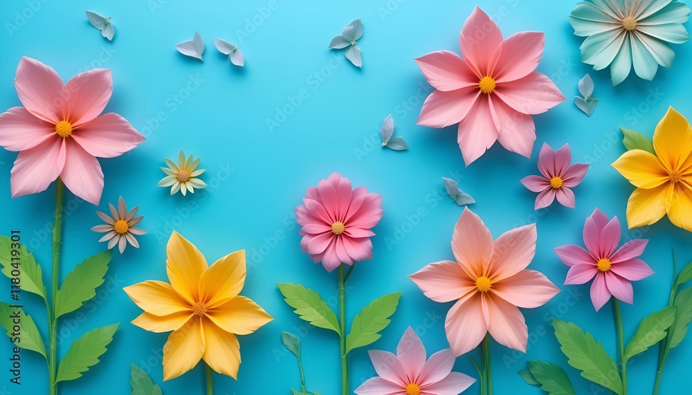 Colorful paper flowers and butterflies arranged in a creative composition on a vibrant blue background Colorful paper flowers and butterflies arranged in a creative composition on a vibrant blue background