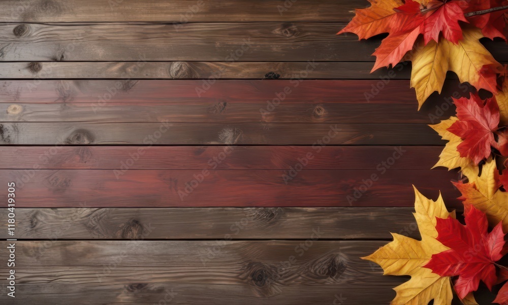 Fototapeta premium Vibrant red & gold maple leaves border, rustic wood background, rustic, gold leaves