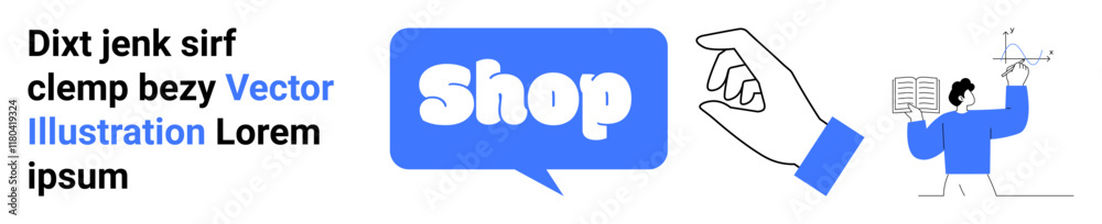 Hand gestures, speech bubble with Shop text, and shopping cart icons. Ideal for e-commerce, online shopping, digital marketing, mobile commerce, retail business. Banner for landing page Hand gestures, speech bubble with Shop text, and shopping cart icons. Ideal for e-commerce, online shopping, digital marketing, mobile commerce, retail business. Banner for landing page