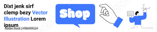 Hand gestures, speech bubble with Shop text, and shopping cart icons. Ideal for e-commerce, online shopping, digital marketing, mobile commerce, retail business. Banner for landing page