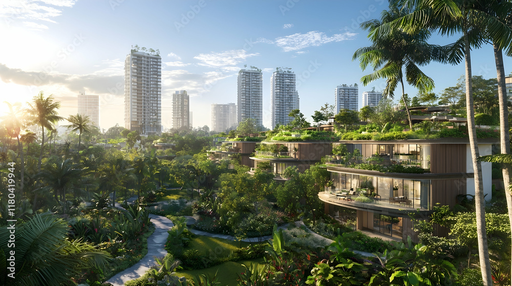 Fototapeta premium Verdant sustainable city, tropical architecture, urban oasis, lush greenery, sunrise.