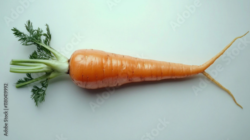 Single fresh orange carrot with green leaves on white background. photo