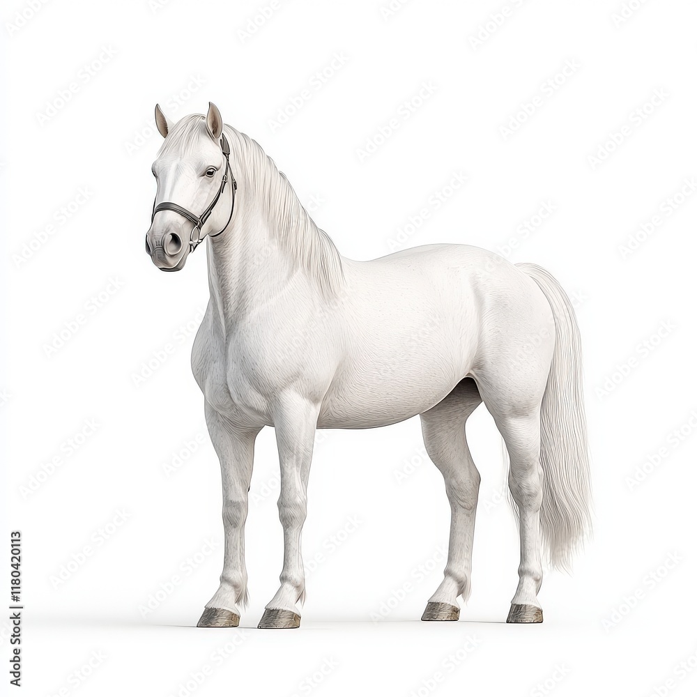 Fototapeta premium A majestic white Cob horse stands gracefully against a plain background, embodying beauty and strength in a serene setting.