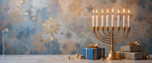 Hanukkah celebration with menorah, candles, gift boxes, and festive background decorations