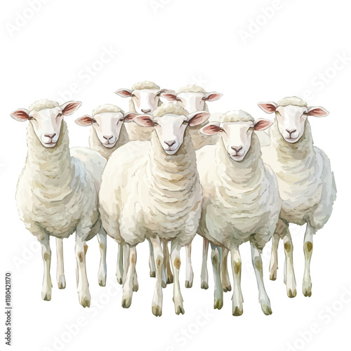 A watercolor vector of sheep standing in a flock, isolated on a white background. Sheep vector.
