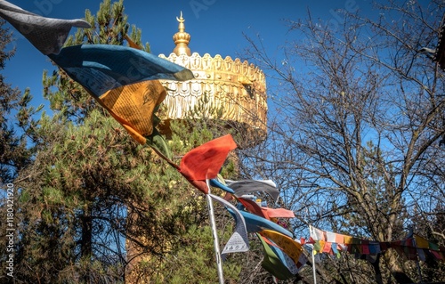 Tibetan Colorful flags in Shangri-La old town. Diqing. Yunnan, China. photo