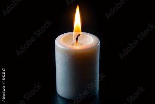 Single White Candle Flame Burning in Darkness - Black Background Stock Photo photo