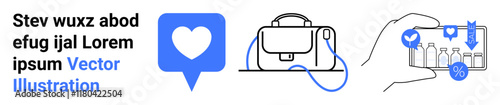 Heart notification, handbag icon, and mobile shopping scene with discount symbols. Ideal for e-commerce, online shopping, fashion, mobile apps, marketing, promotions, customer engagement. Landing