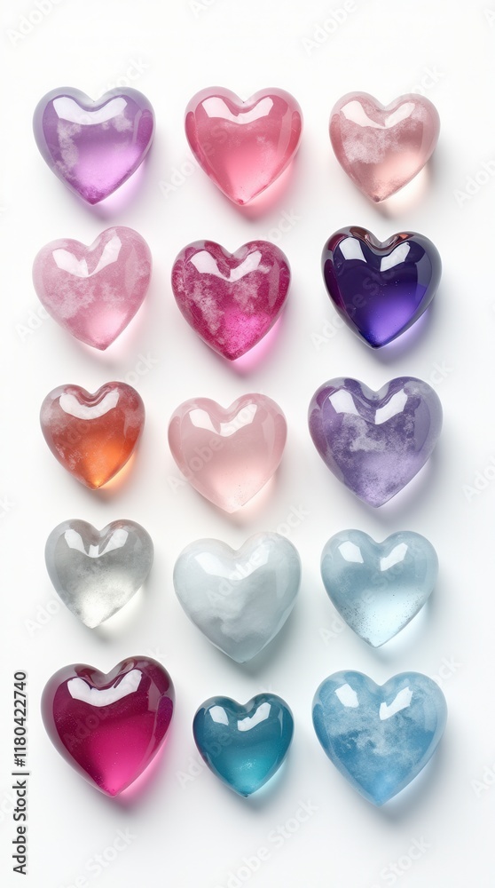 Set Collection Of Beautiful Realistic Heart Shape Crystals In Different Colours Isolated On White Background Set Collection Of Beautiful Realistic Heart Shape Crystals In Different Colours Isolated On White Background