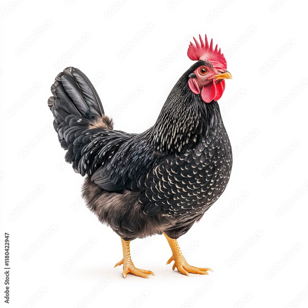 Fototapeta premium A striking black Sussex chicken stands proudly, showcasing vibrant feathers and a vivid red comb, symbolizing farm life and poultry diversity.