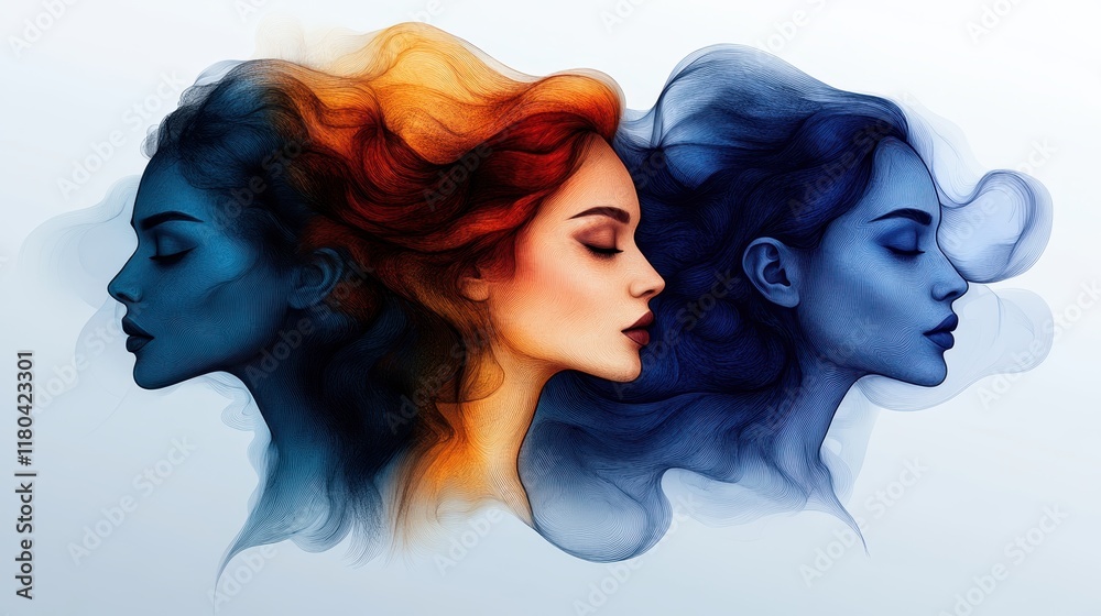 A captivating digital art piece depicting three ethereal female profiles in complementary gradient hues symbolizing creativity, diversity, and harmony A captivating digital art piece depicting three ethereal female profiles in complementary gradient hues symbolizing creativity, diversity, and harmony