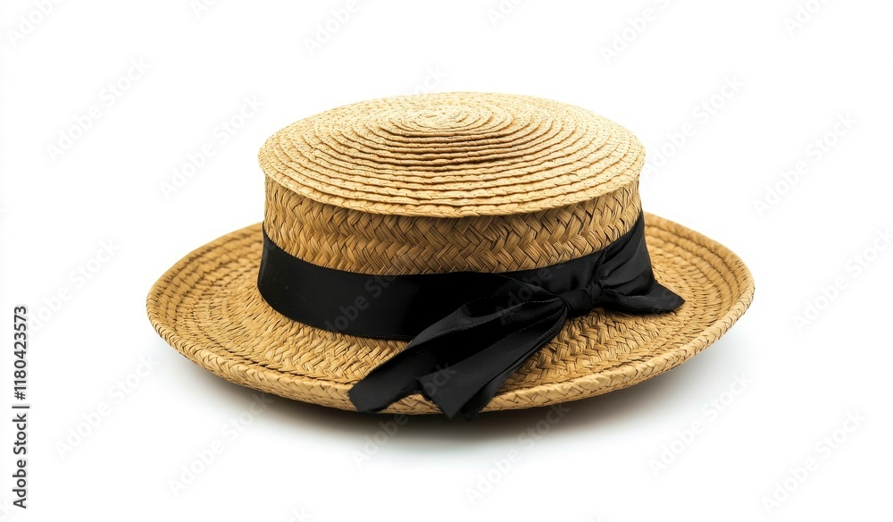 A straw hat with a black ribbon on a white background, front view, product photography, studio lighting, high resolution, hyper-realistic, high-detail, stock photo. A straw hat with a black ribbon on a white background, front view, product photography, studio lighting, high resolution, hyper-realistic, high-detail, stock photo.