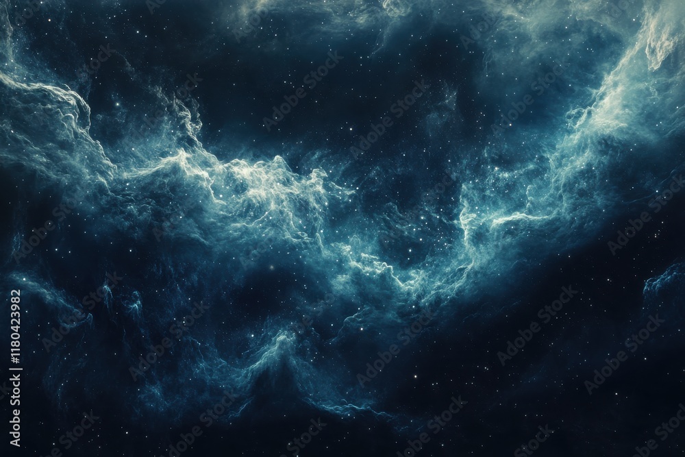 Fototapeta premium Cosmic Nebula: A mesmerizing swirl of teal and white gas clouds against a dark, star-studded background.