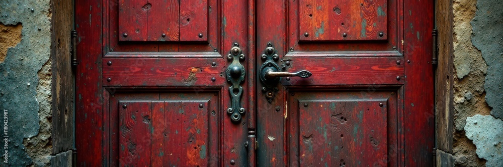 Fototapeta premium Ancient wooden door with scratches and worn surface, antique, worn finishes, distressed wood