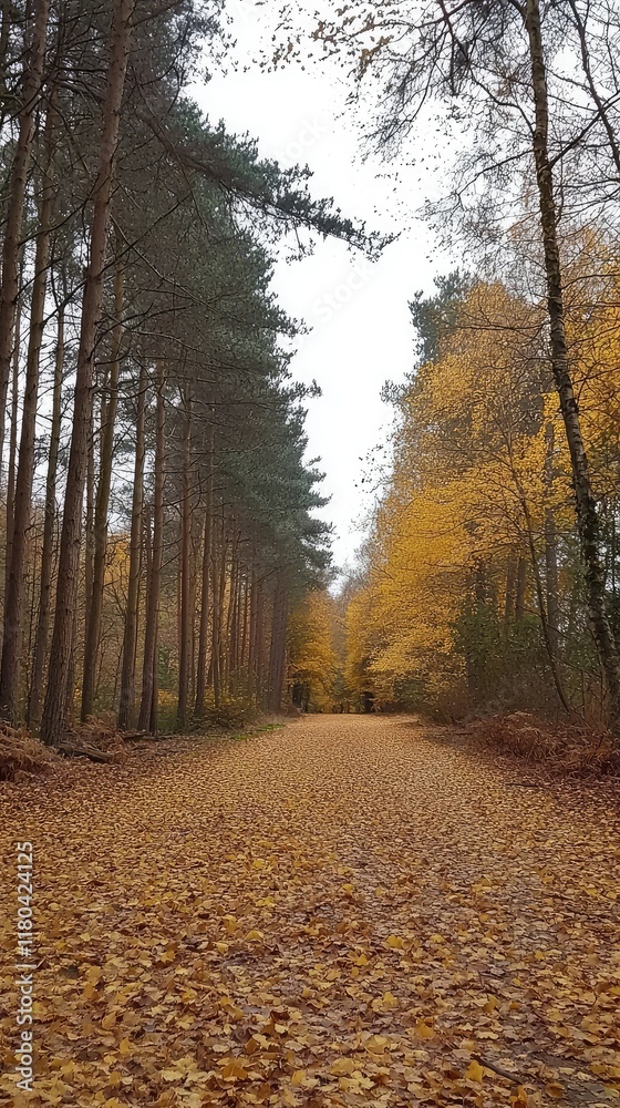 Fototapeta premium Serene Autumn Forest Pathway Surrounded by Colorful Leaves