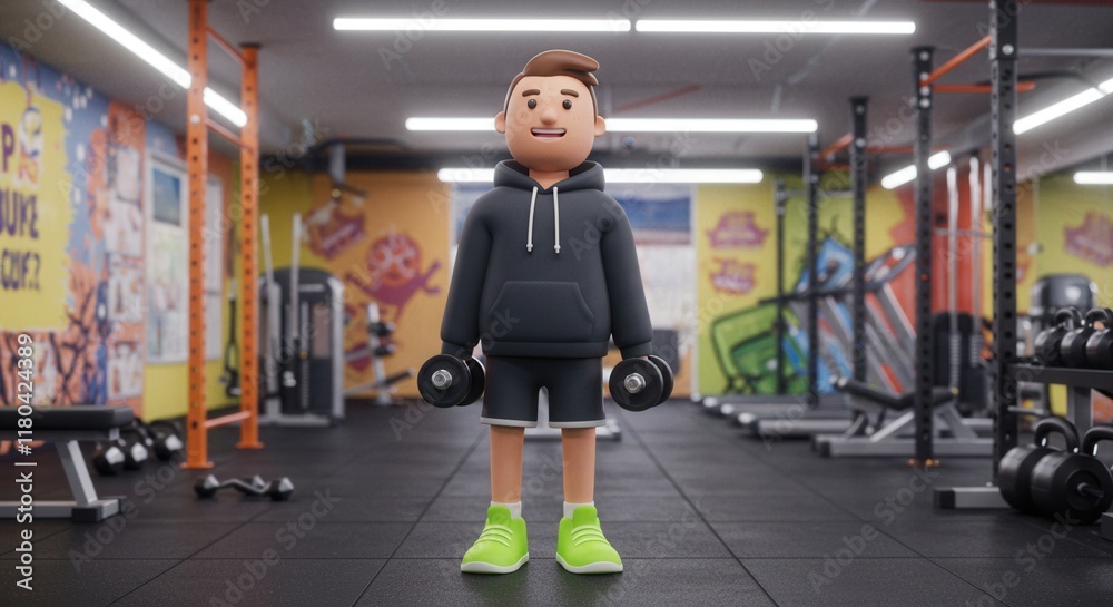 Fototapeta premium 3d cartoon character in gym setting lifting dumbbells with vibrant background