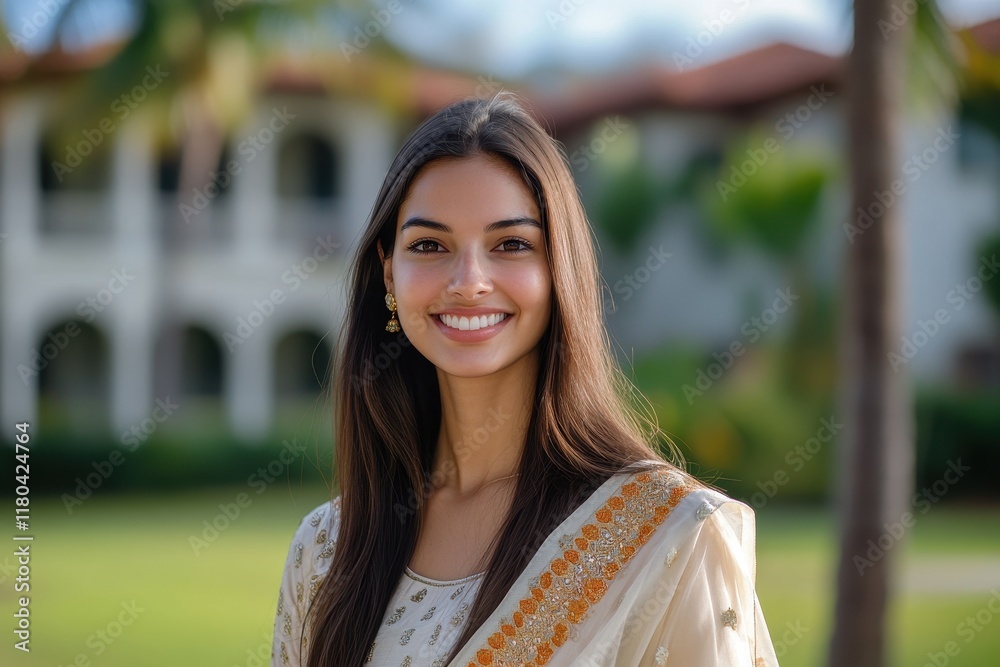 Confident young Indian woman in stylish attire smiles at the camera in front of a blurred house surrounded by tropical plants Confident young Indian woman in stylish attire smiles at the camera in front of a blurred house surrounded by tropical plants