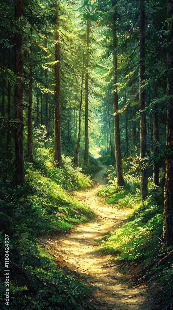 Lush Green Forest Pathway Surrounded by Tall Trees and Sunlight Lush Green Forest Pathway Surrounded by Tall Trees and Sunlight