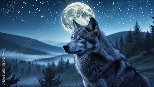 Majestic grey wolf silhouetted against a full moon and starry night sky, overlooking a misty mountain valley. photo